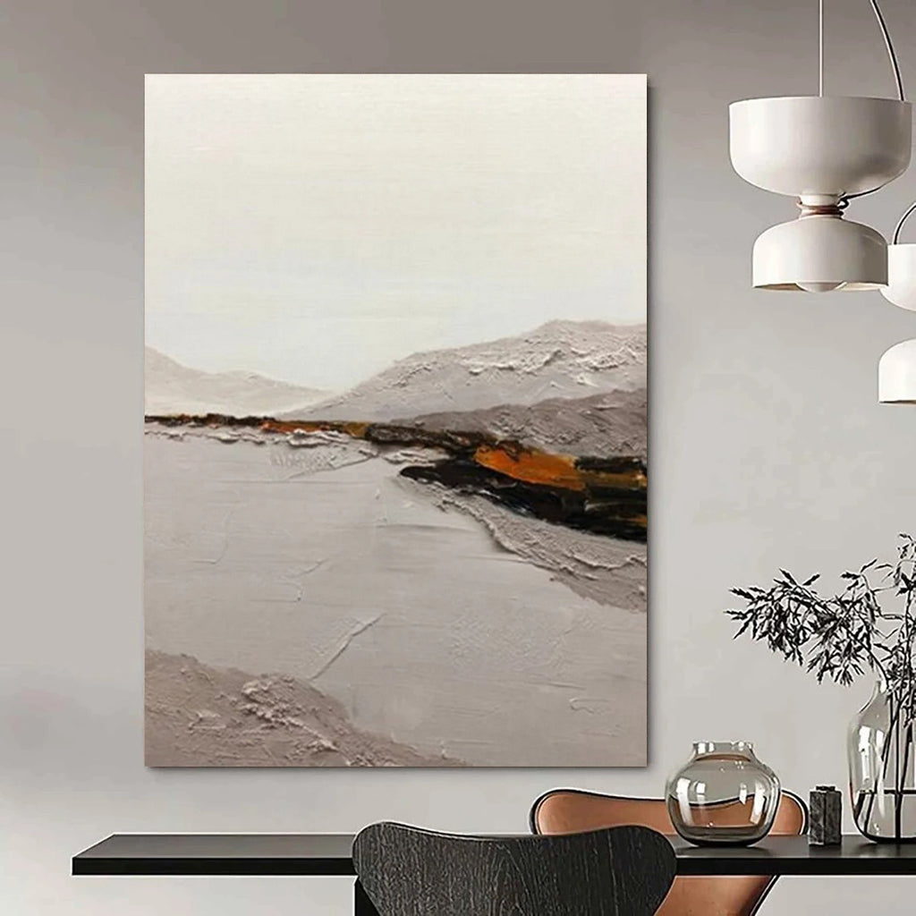 “Neutral Tones Landscape: Grey, White, and Subtle Orange” - Textured Landscape Painting On Canvas DS401