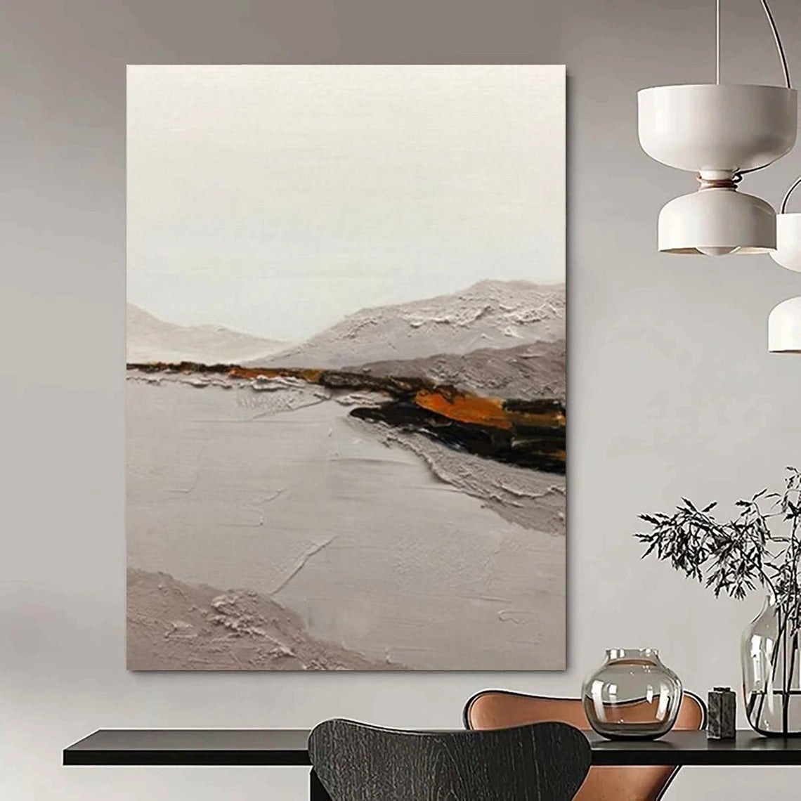 “Neutral Tones Landscape: Grey, White, and Subtle Orange” - Textured Landscape Painting On Canvas DS401