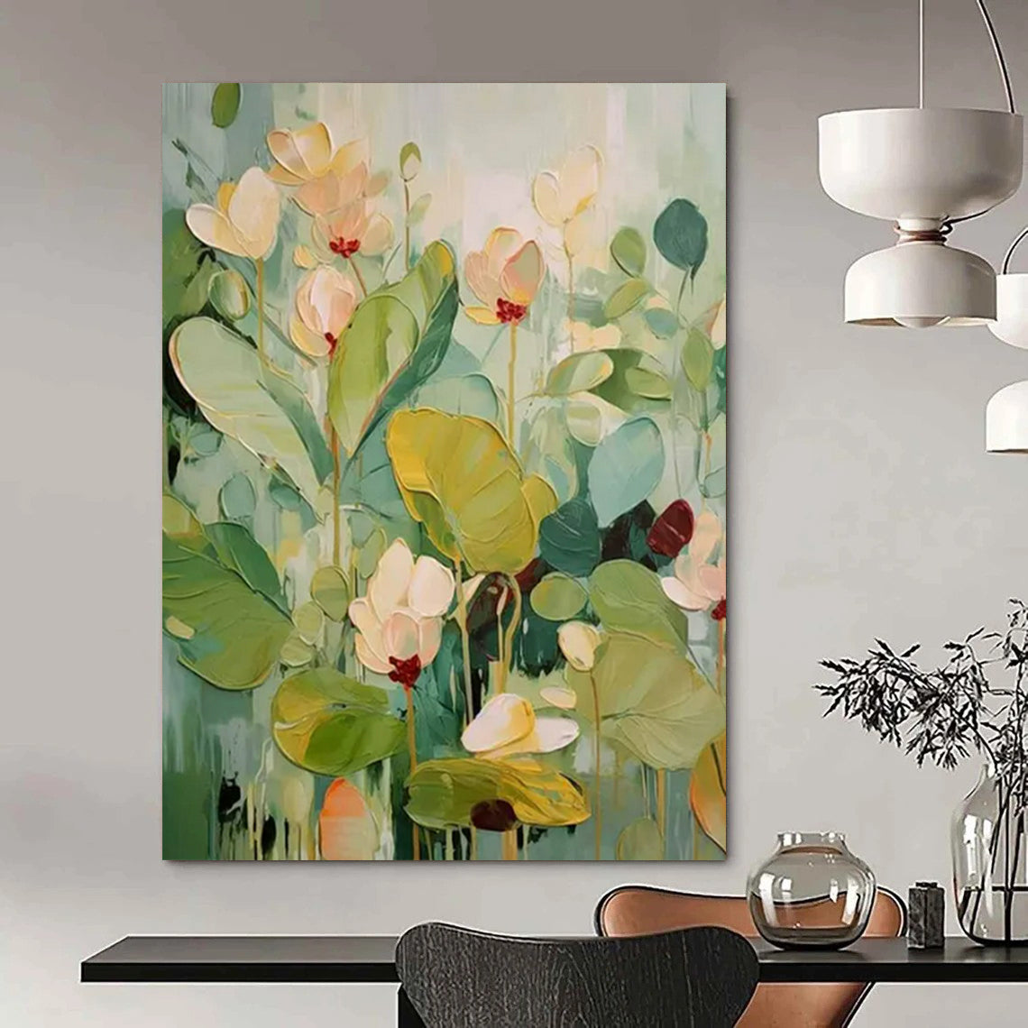 “Soft Green and White Florals” - Impasto Floral Painting On Canvas PT2237