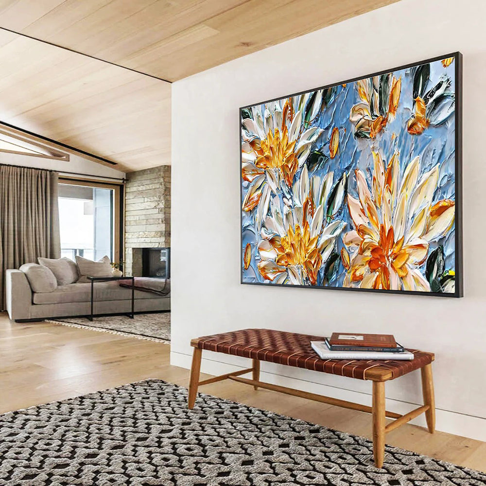“Yellow and White Flowers on Blue” - Impasto Oil Painting On Canvas DKS896