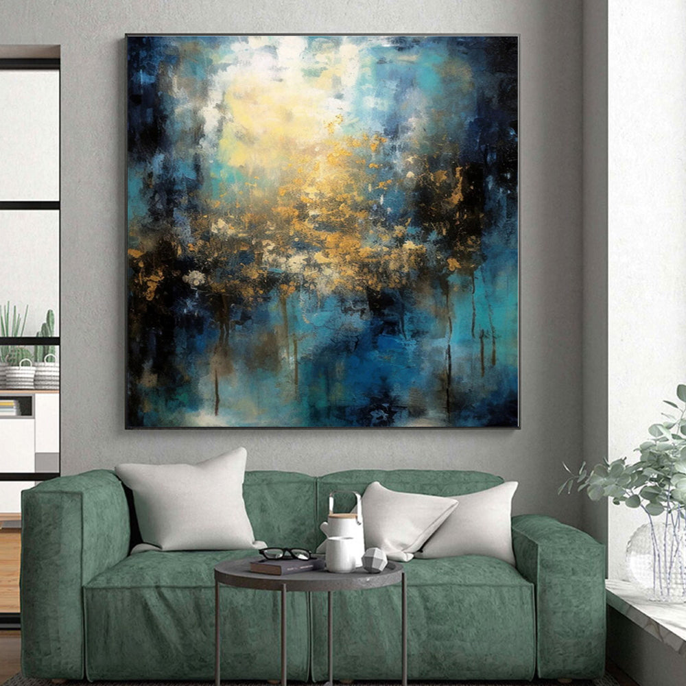 “Teal - Gold Abstract Light” - Teal, Gold, Blue Abstract Painting On Canvas PS0451