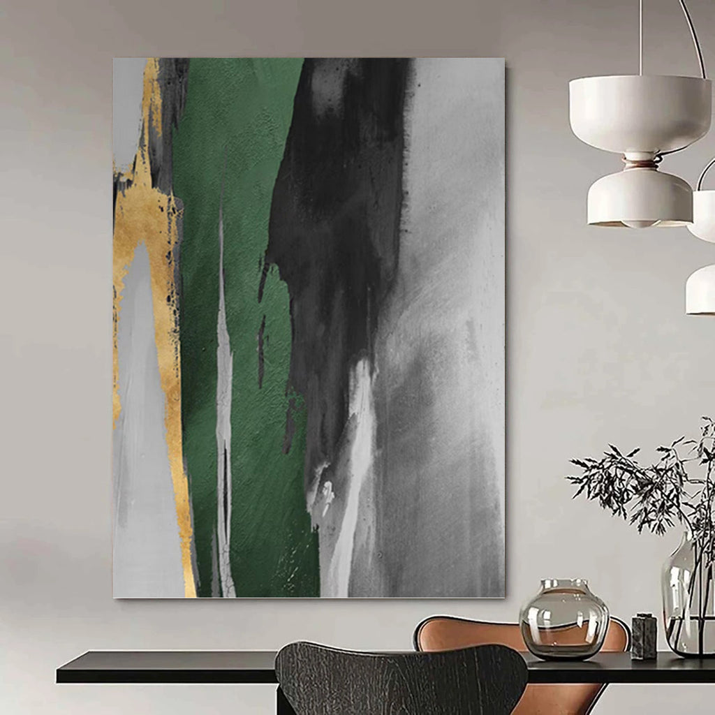“Green - Grey - Gold Abstract Strokes” - Abstract Expressionist Painting On Canvas PT1198