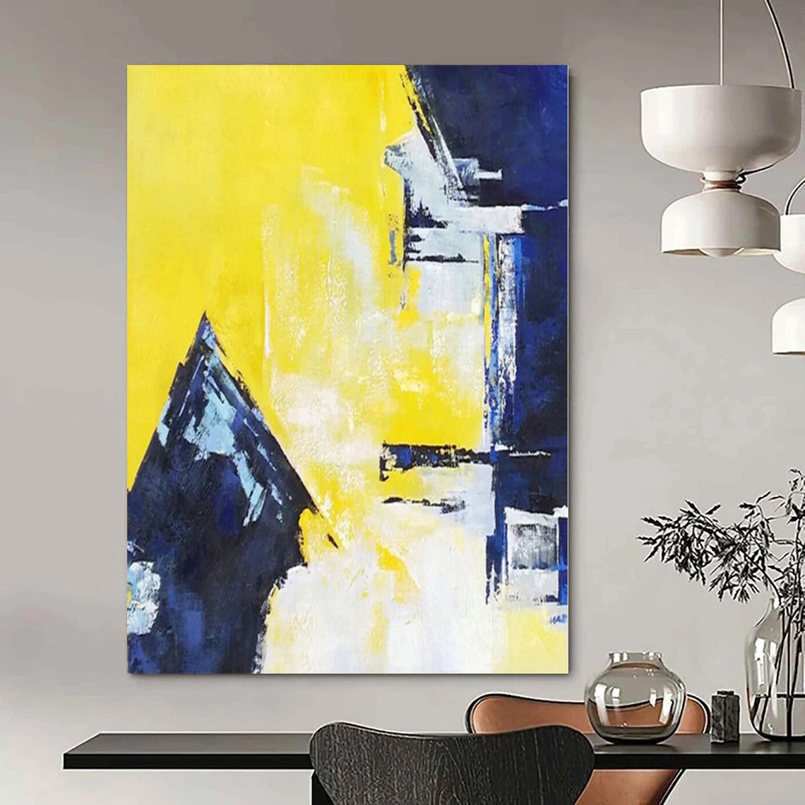 “Yellow - Blue Geometric Clash” - Bold Abstract Painting On Canvas PS0215