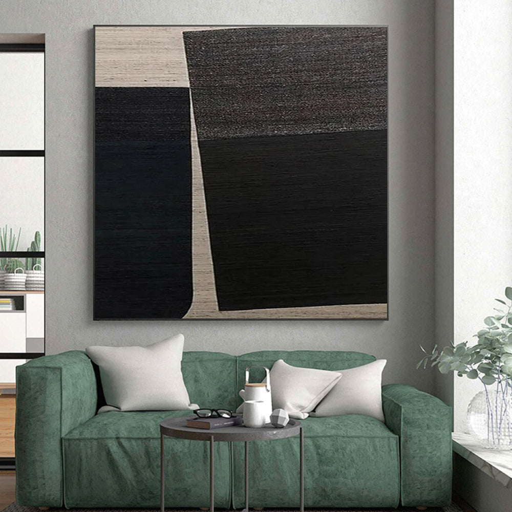 “Black & Beige Minimalism” - Black, Beige Abstract Geometric Painting On Canvas PS0660