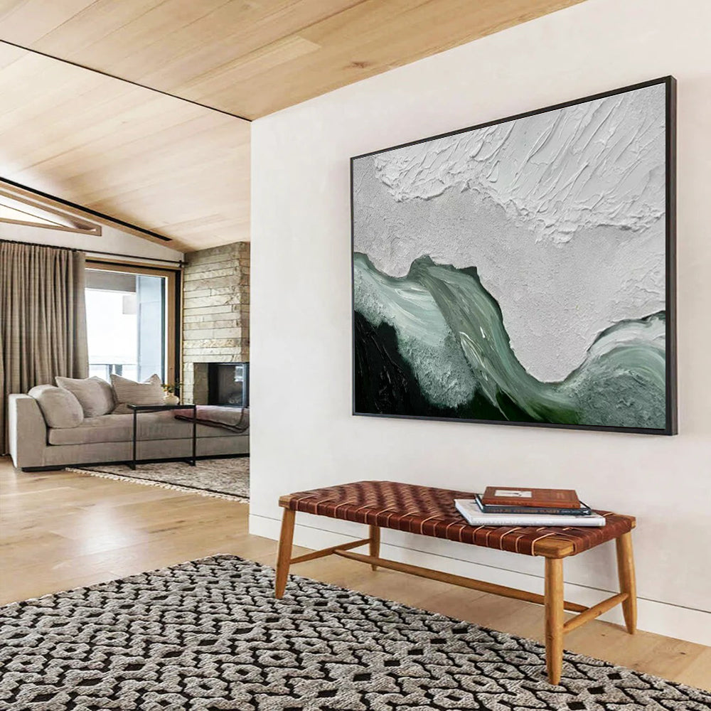 “Textured White - Green Abstraction” - White, Green & Black Abstract, Impasto Acrylic Painting On Canvas DKS744