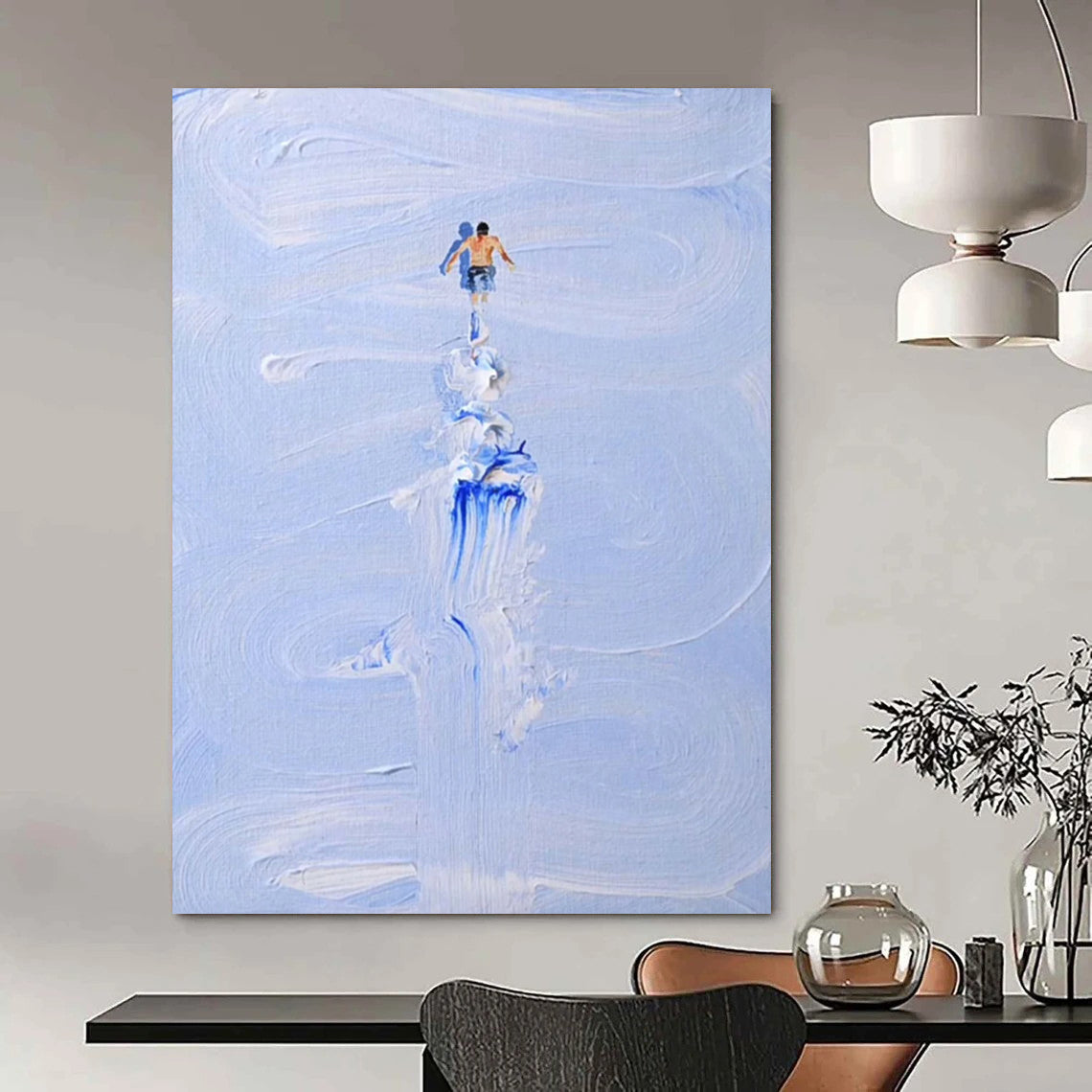 “Blue and White Figure on Wave” - Surreal Sea Adventure Painting On Canvas DS327