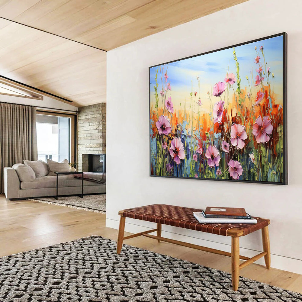 “Pink Wildflowers in Bloom” - Impasto Oil Painting on Canvas DKS903