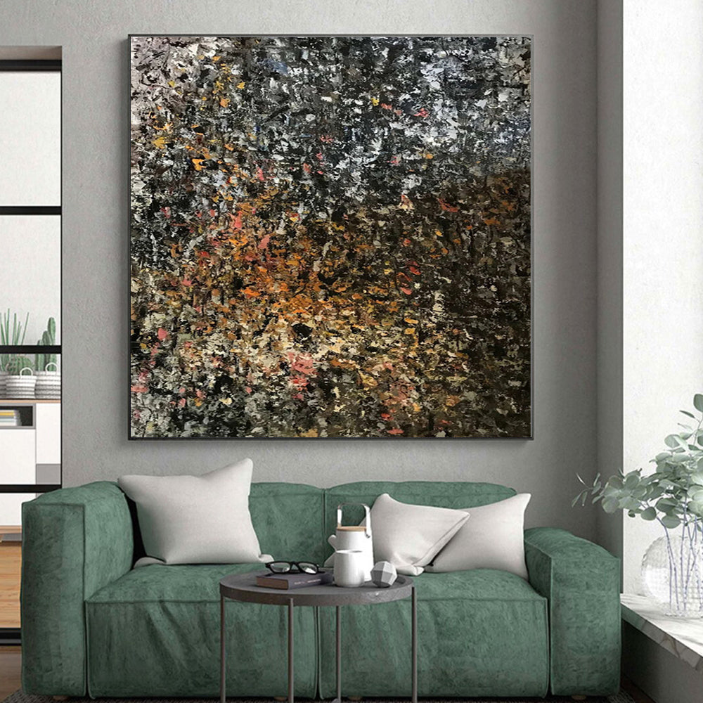 “Dark - Hued Textured Abstract” - Black, Orange, Pink Abstract Painting On Canvas PS0462