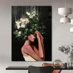 “Black, Green, and White Floral Head” - Elegant Figurative Painting On Canvas DS323