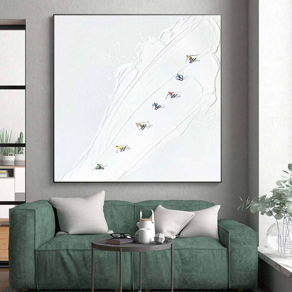 “Colorful Ski Slope” - Multicolor, White Abstract Sports Painting On Canvas PS0734