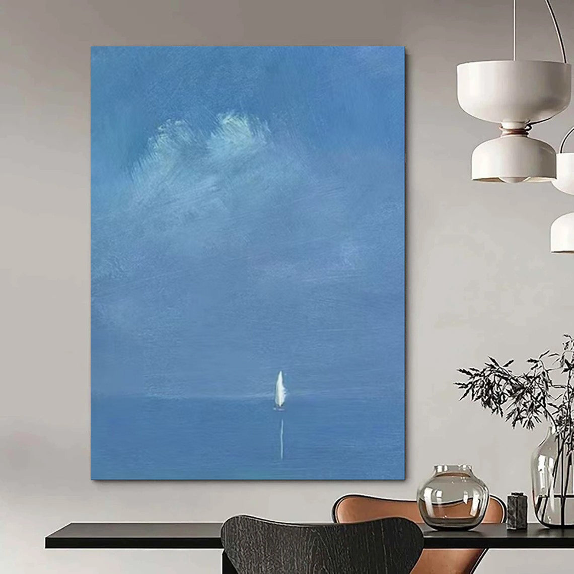 “Pale Blue Distant Sailboat” - Minimalist Maritime Painting On Canvas PT1879