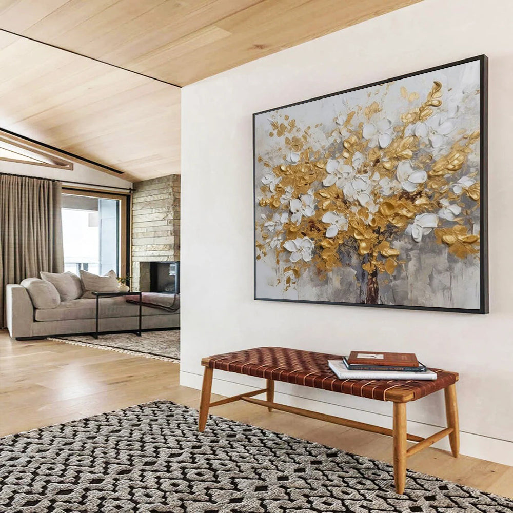 “Gold & White Blossom Tree” - Textured Floral Painting On Canvas PT246