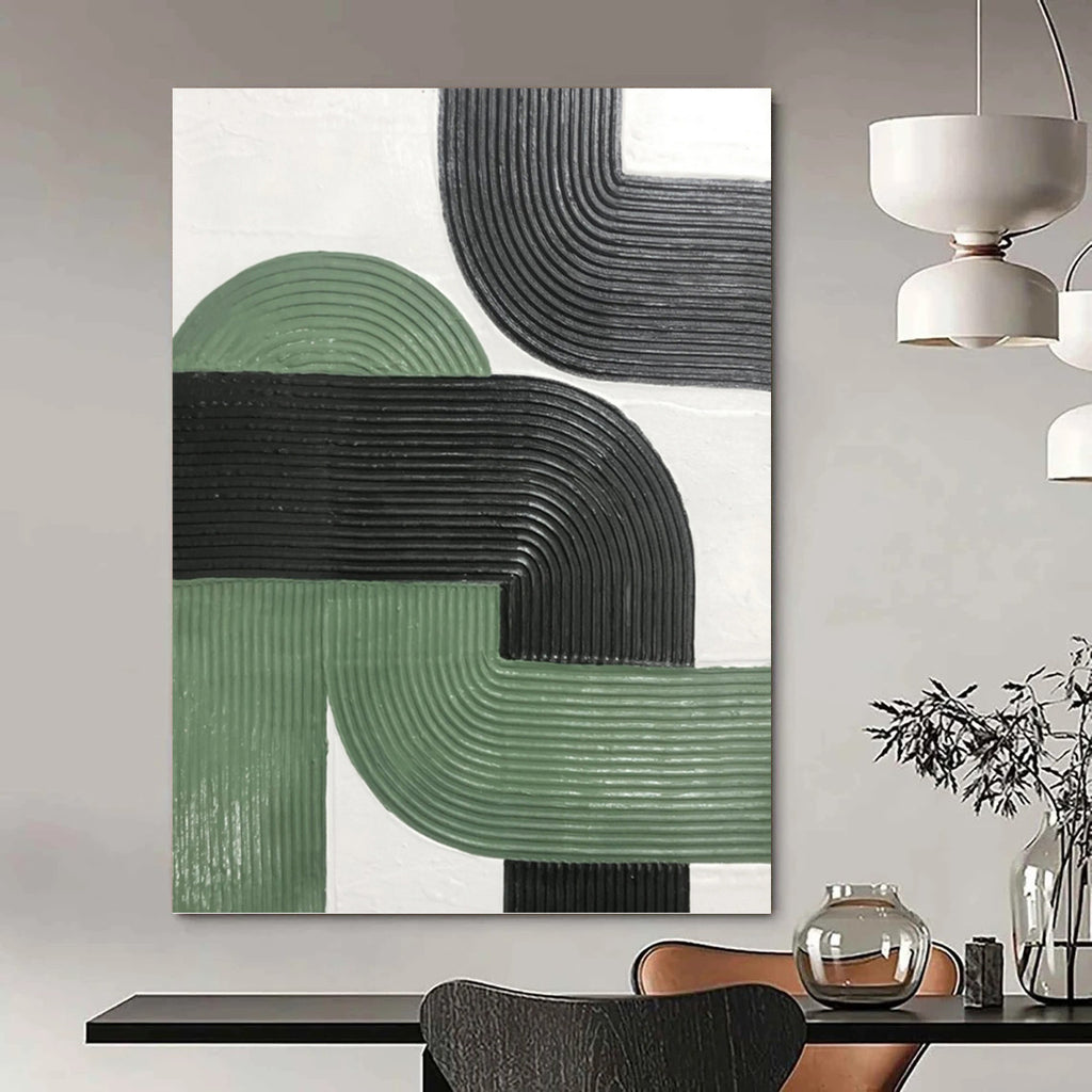 “Green - Black Curved Textures” - Minimalist Abstract Painting On Canvas PT1171