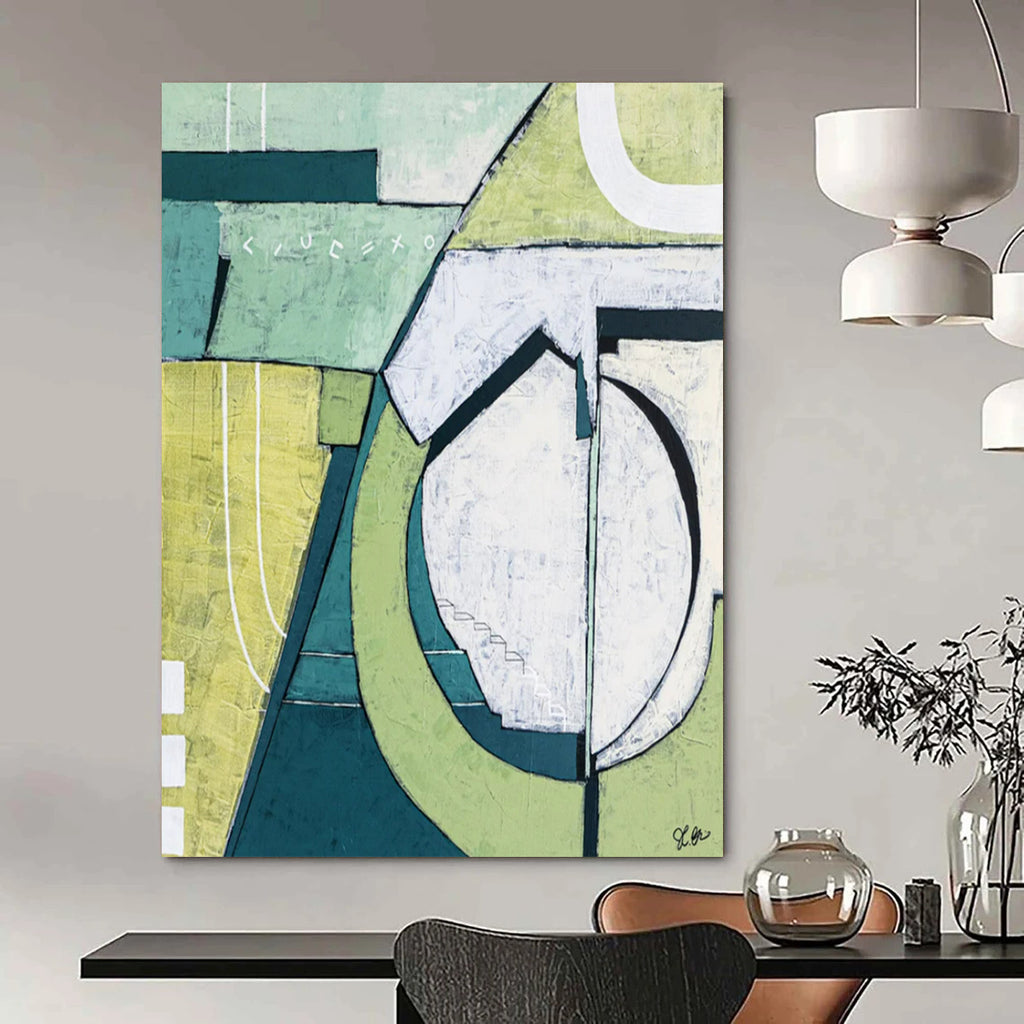 “Green and White Geometric Precision” - Geometric Abstract Painting On Canvas PT2375