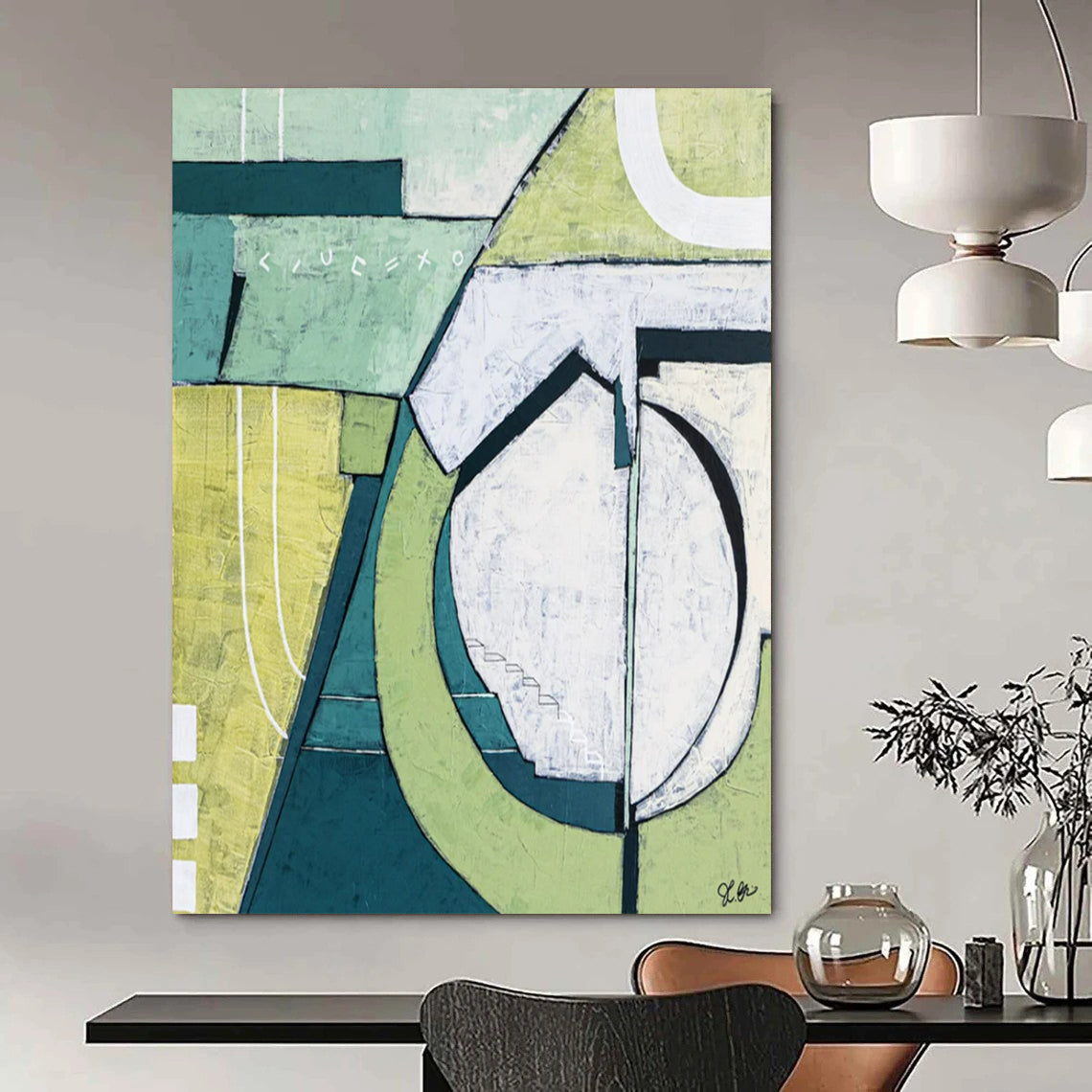 “Green and White Geometric Precision” - Geometric Abstract Painting On Canvas PT2375
