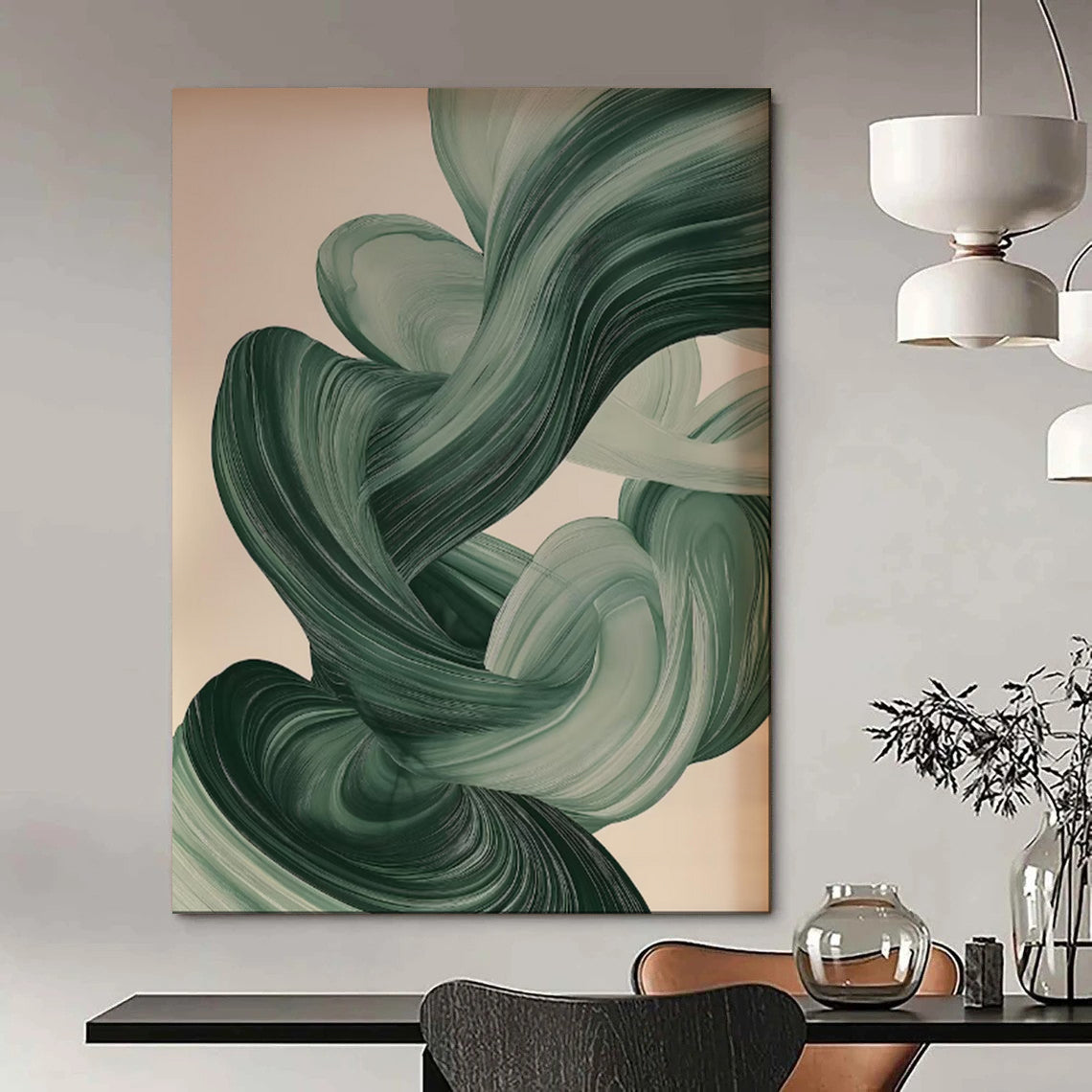 “Flowing Green Abstract Ribbons” - Abstract Modern Painting On Canvas PT1928