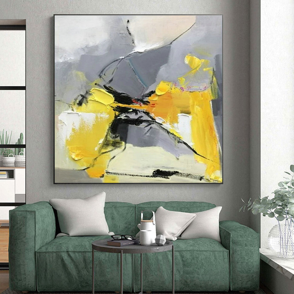 “Gray - Yellow Abstract Dance” - Gray, Yellow, Black Abstract Fluid Painting On Canvas PS0618