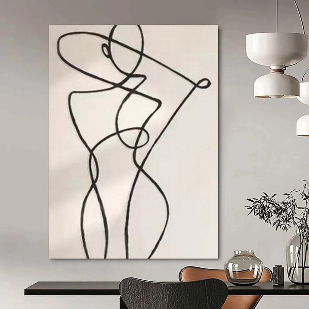 Black and White with Continuous Line Figure "Fluid Form" Abstract Painting On Canvas PS1148