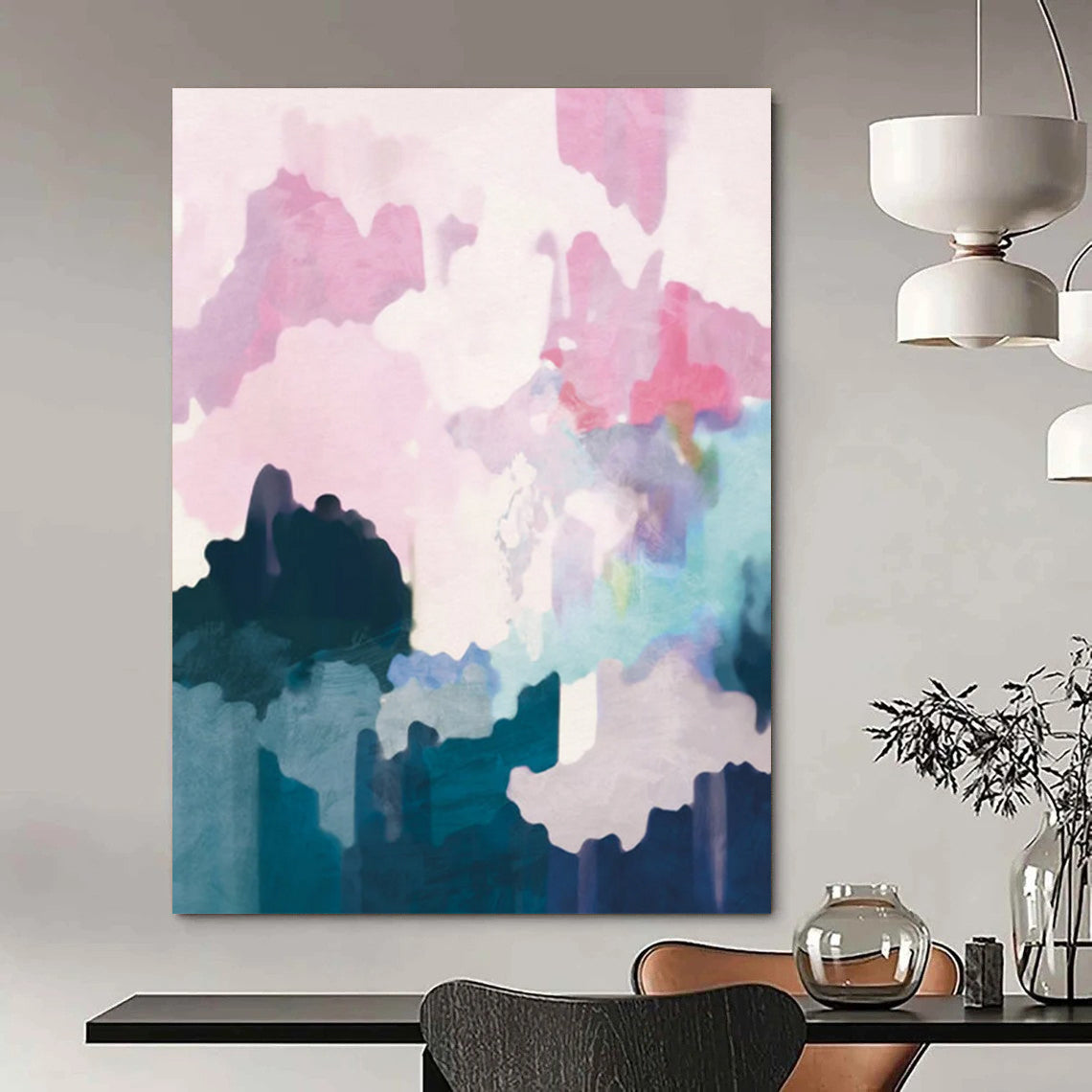 “Pastel - Hued Abstract Landscape” - Pink, Purple & Blue Soft Forms Painting On Canvas DS235