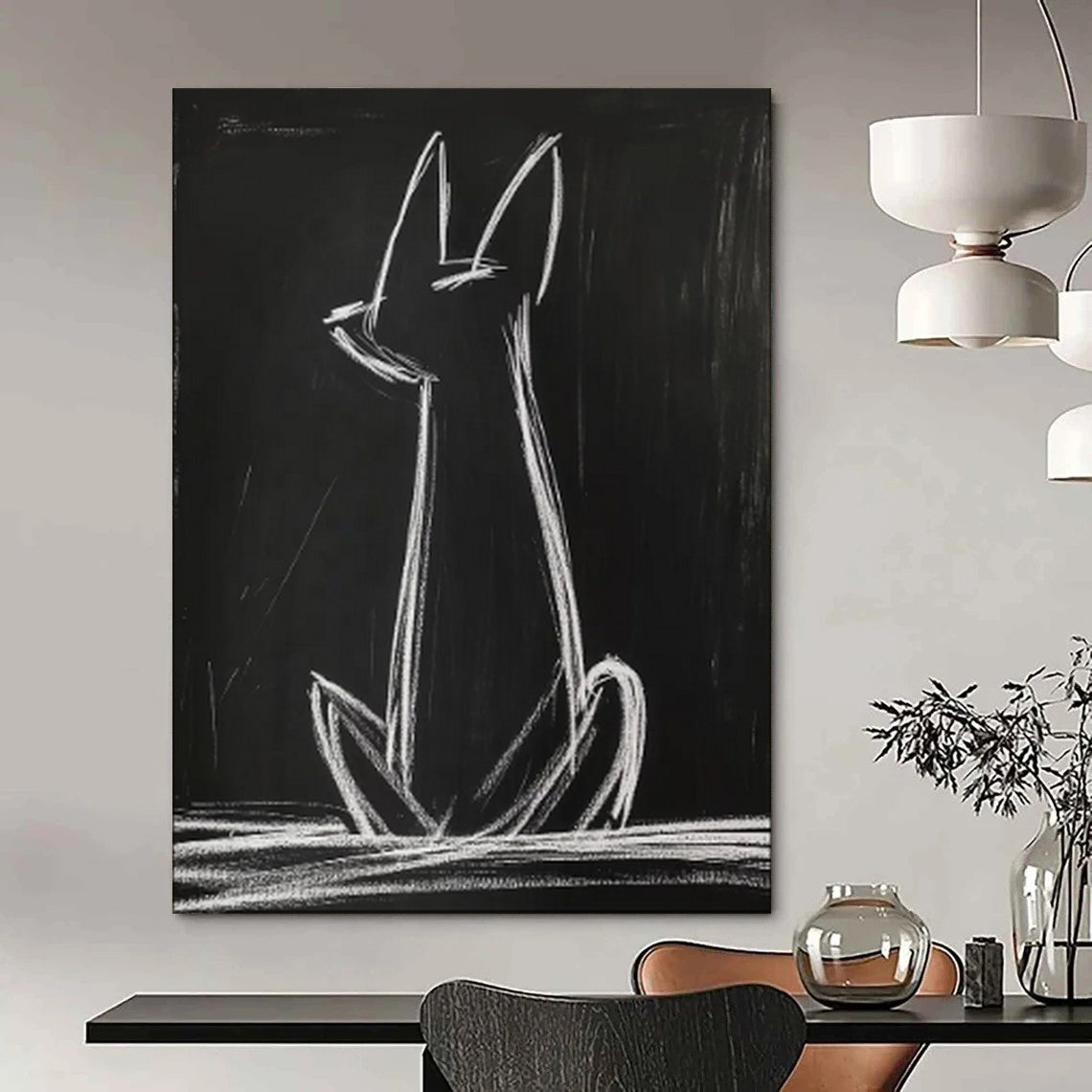 “Minimalist White Cat Silhouette” - Abstract Animal Painting On Canvas PT2027