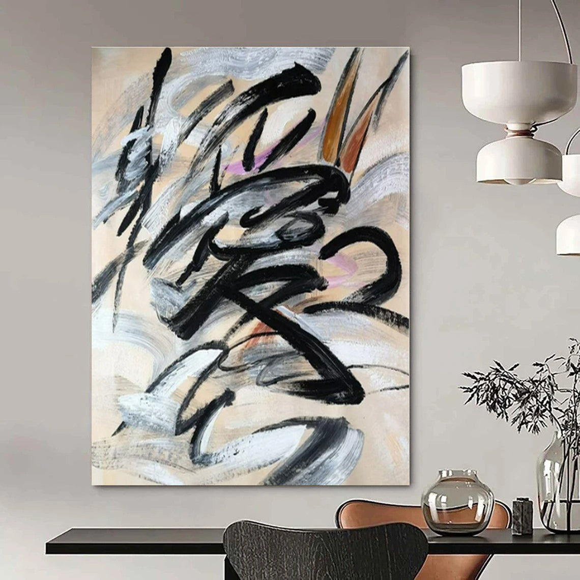 Black, Gray, White with Dynamic Brushstrokes "Dynamic Strokes" Abstract Painting On Canvas PS1325