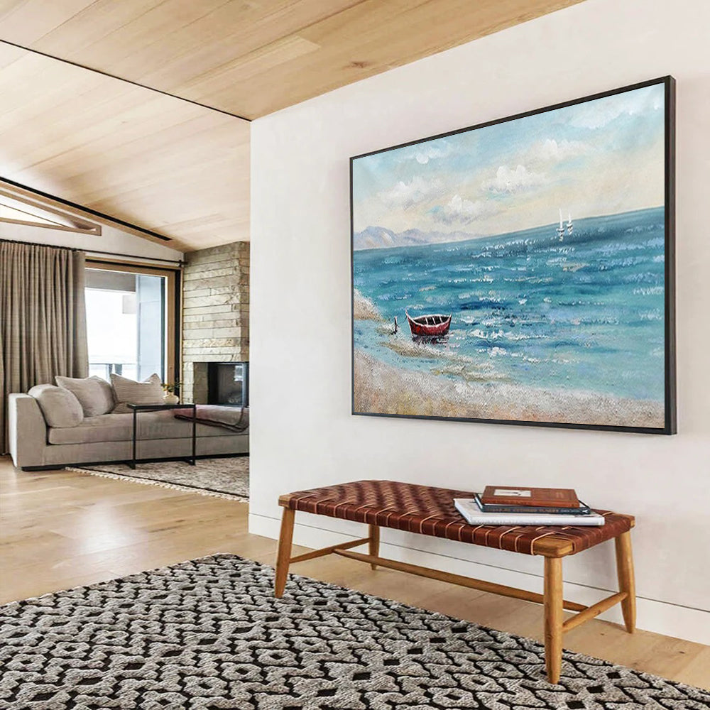 “Red Boat Coastal Calm” - Seaside Landscape Painting On Canvas PT224