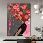 “Pink Flowers on Head Abstract Portrait” - Pop - Art Inspired Painting On Canvas PT1952