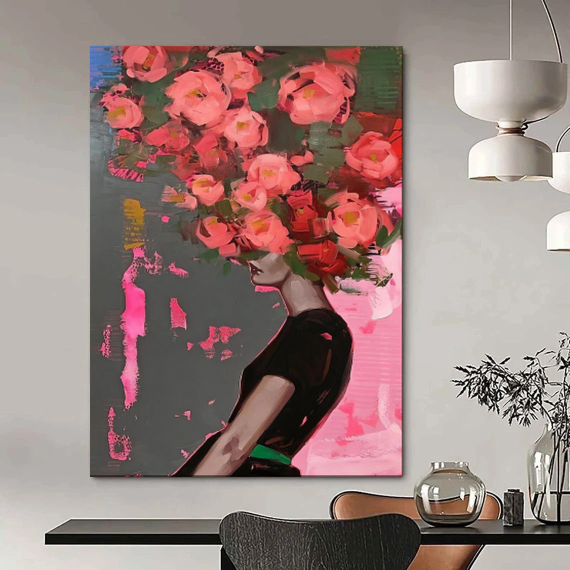 “Pink Flowers on Head Abstract Portrait” - Pop - Art Inspired Painting On Canvas PT1952