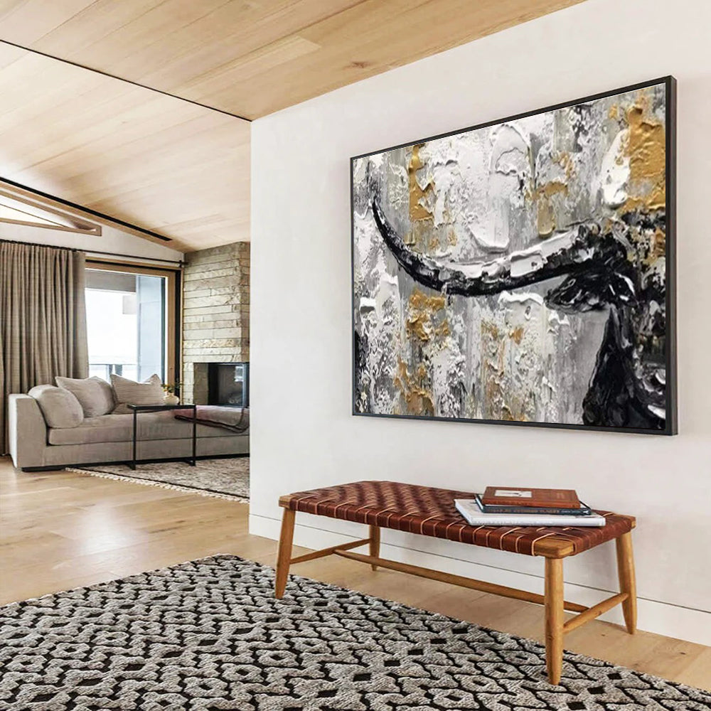 Textured Bull Head in Gold and Gray - Expressive Animal Painting On Canvas DKS336