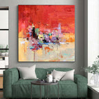 “Vibrant Red - Based Abstract Cityscape” - Expressive Abstract Painting On Canvas PS0291