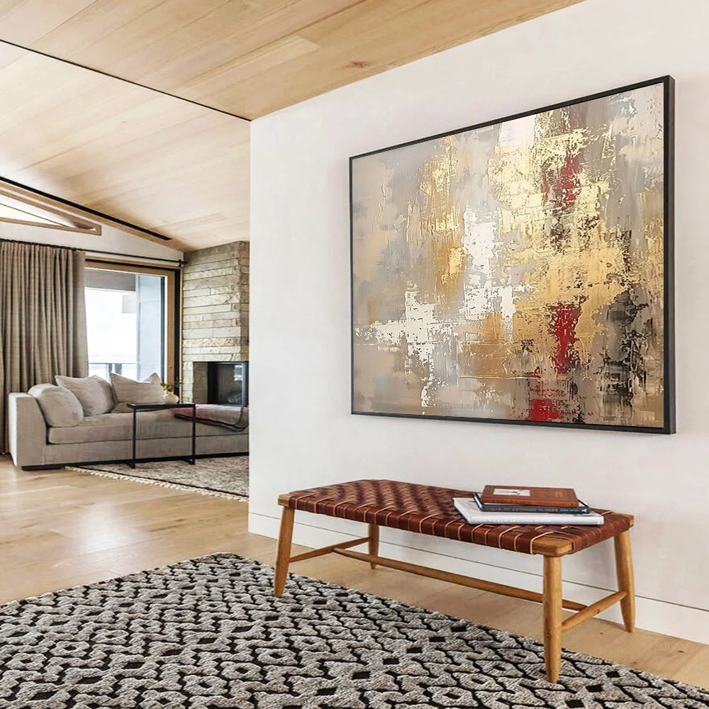“Elegant Gray & Gold with Red Accents” - Abstract Textured Painting On Canvas PT045