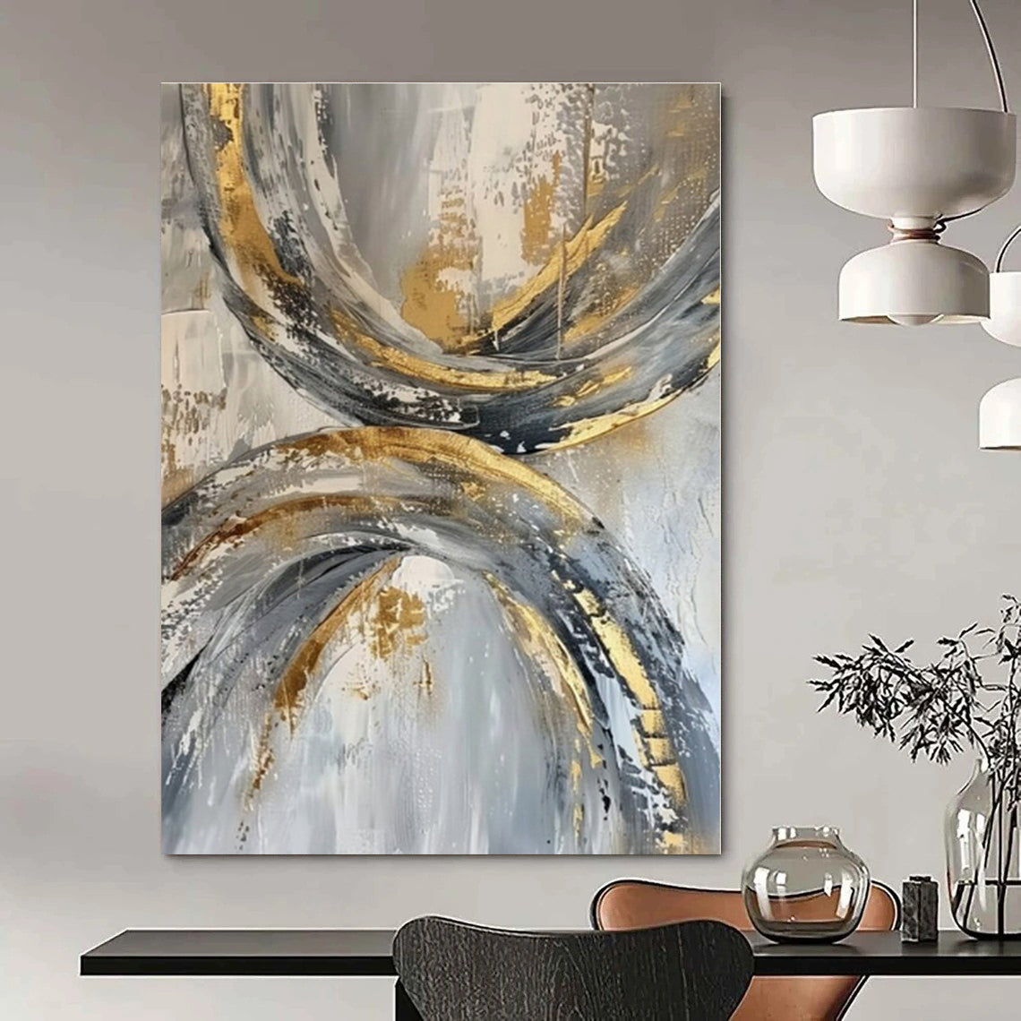 Gray, Gold, White with Circular Textures "Gilded Orbits" Abstract Painting On Canvas PS1266