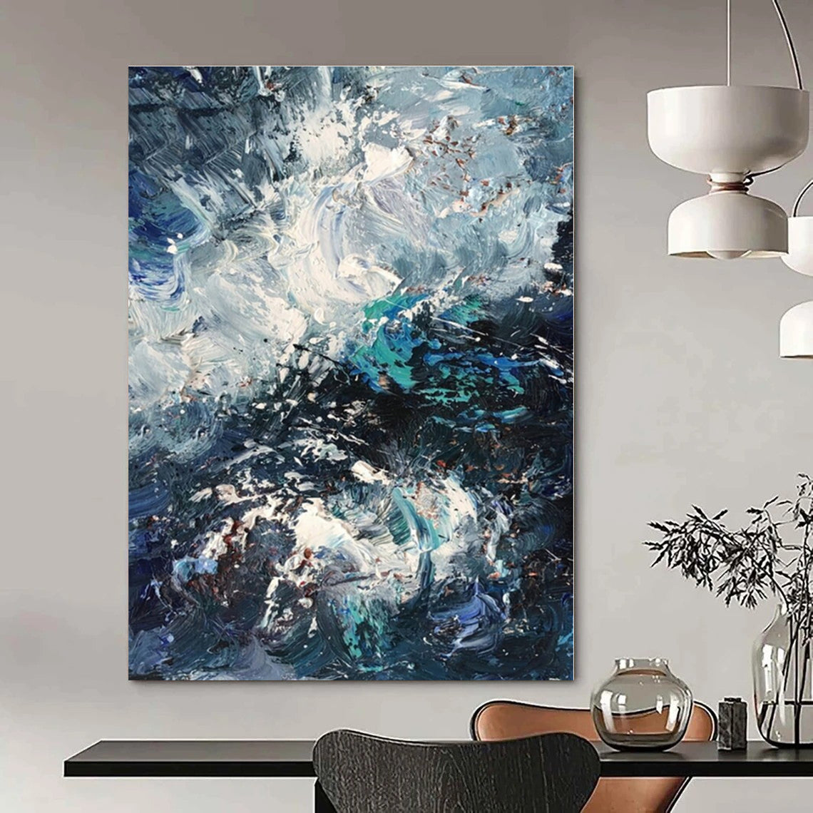 Blue, White, Gray with Dynamic Textures "Crashing Waves" Abstract Painting On Canvas PS1351