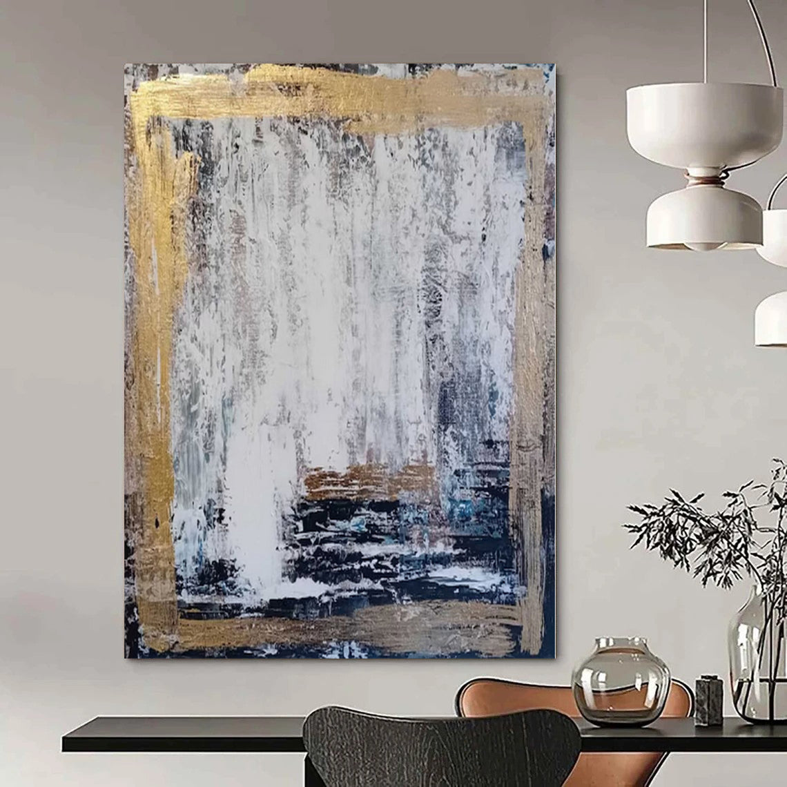 White, Gray, Gold with Textured Background "Gilded Frame" Abstract Painting On Canvas PS1198