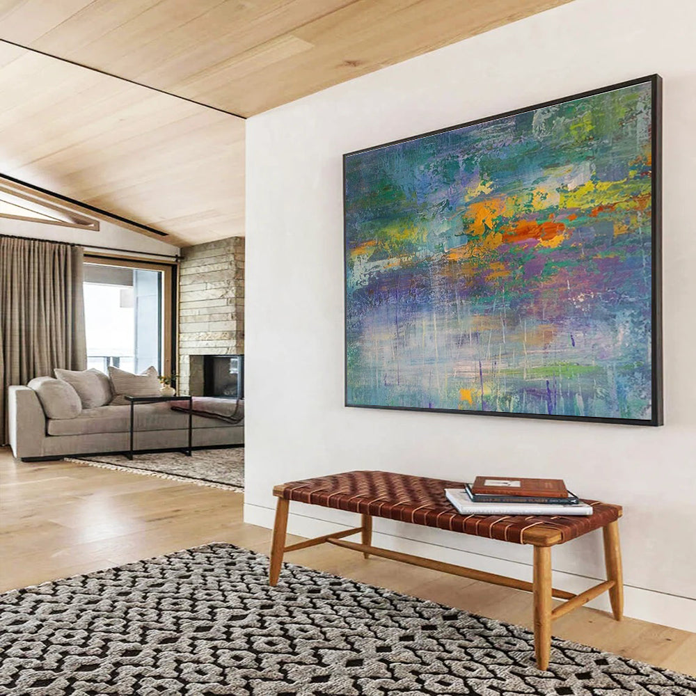 “Colorful Abstract Horizon” - Blue, Green & Orange Abstract Landscape, Expressive Oil Painting On Canvas DKS714