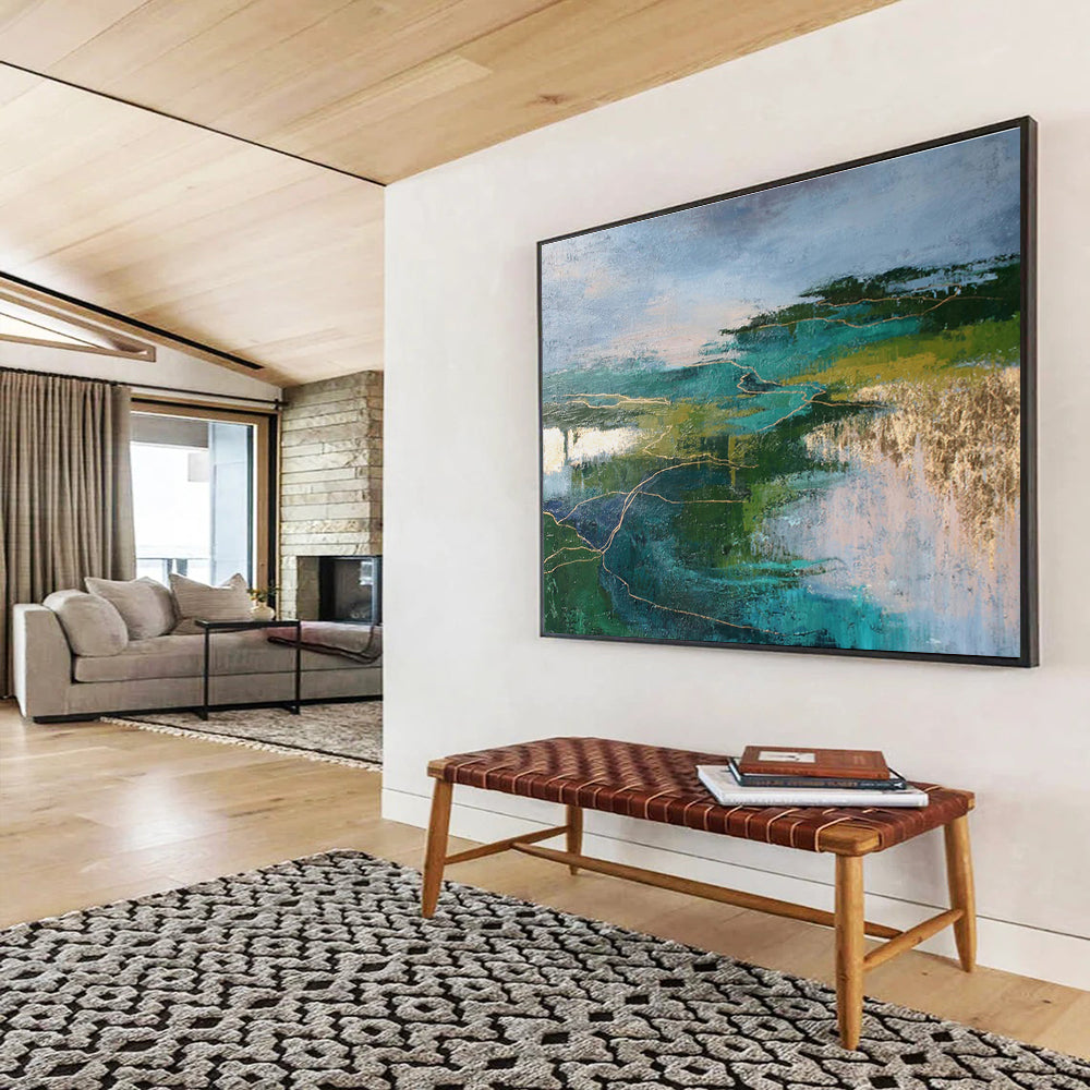 Teal and Green Abstract Landscape with Gold Lines Contemporary Abstract Painting On Canvas DKS127