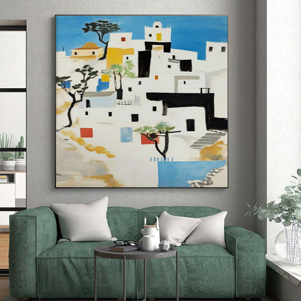 White Village, "Mediterranean Hues" – Modernist Architectural Painting On Canvas PS0882