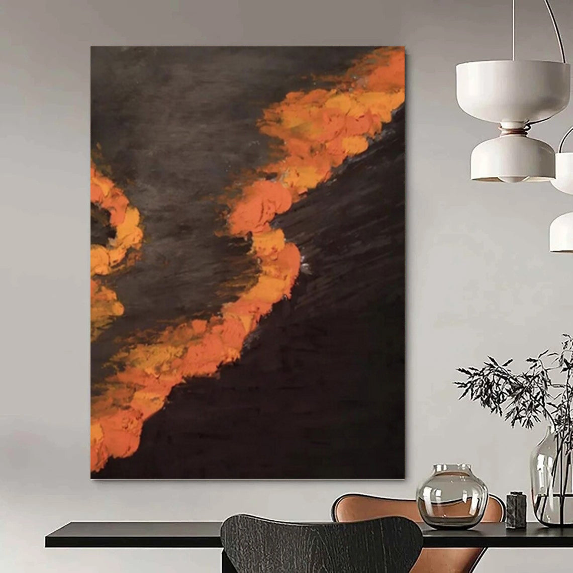 “Black and Orange Flames: Dramatic Abstract” - Bold Expressionistic Art On Canvas PT0961