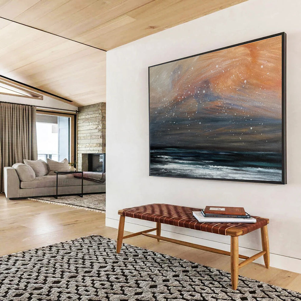 Orange and Grey Sky Over Dark Sea with Snow Seascape Painting On Canvas DKS110