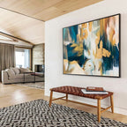 “Teal - Gold Abstract Shapes” - Dynamic Teal “Gilded Currents” Painting On Canvas PT1636
