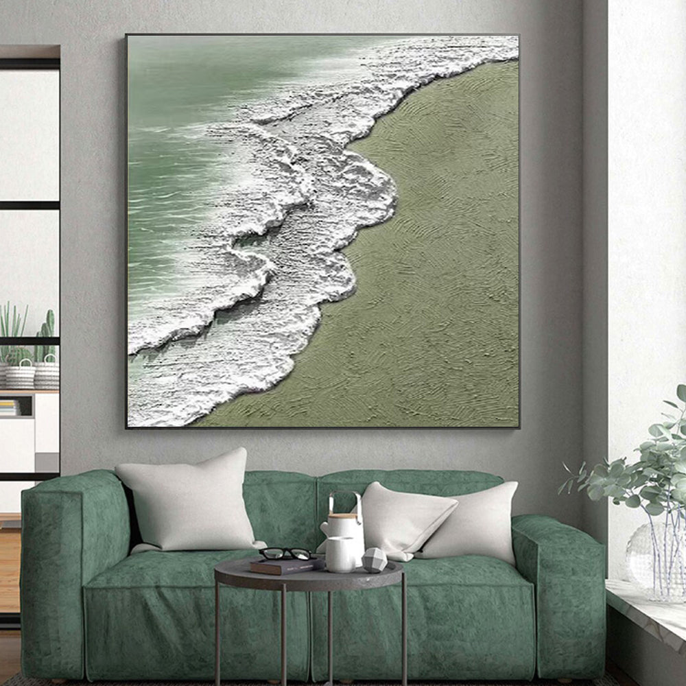 “Beach Wave Textures” - Green, White, Gray Abstract Seascape Painting On Canvas PS0639