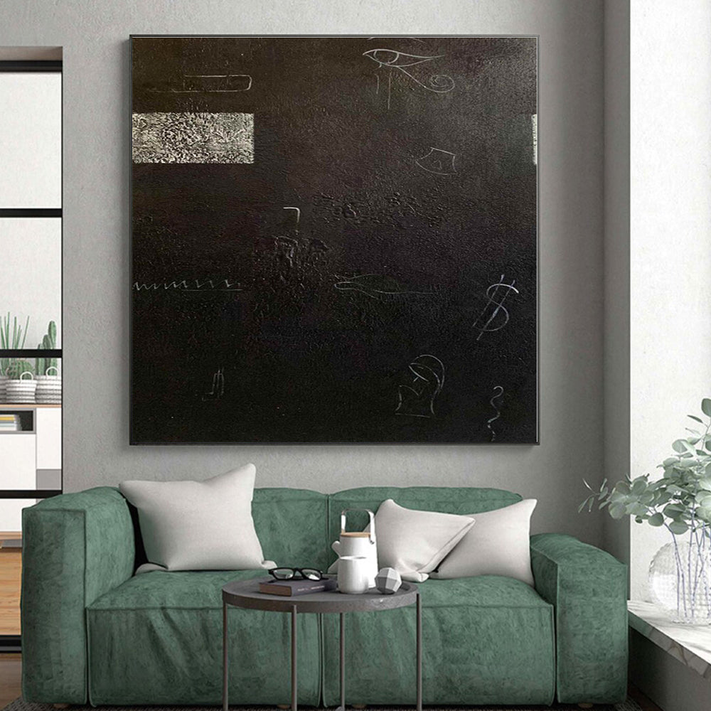 “Black - White Symbolic Abstraction” - Black, White Abstract Painting On Canvas PS0470