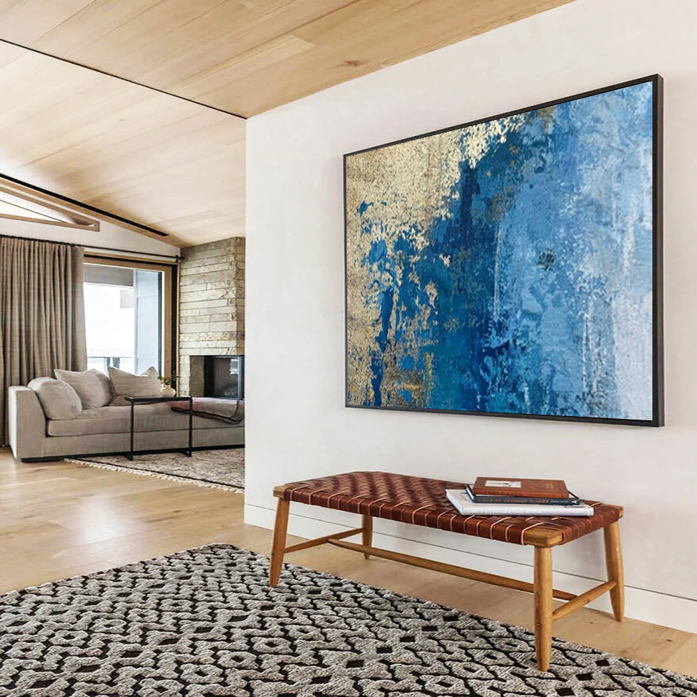 “Blue - Gold Textured Wall” - Earthy Tones “Aged Azure” Painting On Canvas PT1634