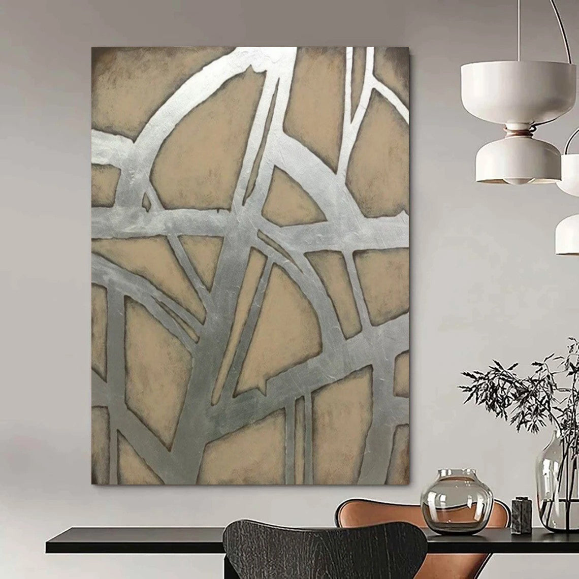 “Silver - Beige Geometric” - Modernist Abstract Painting On Canvas PT2328