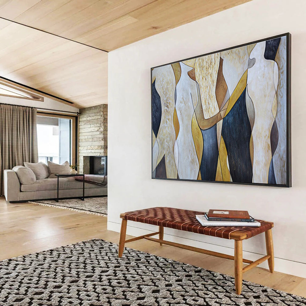 “Abstract Human Forms” - Beige, Black & Gold Figurative, Modern Oil Painting On Canvas DKS731