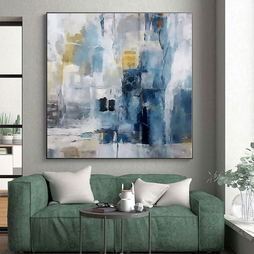 “Blue - Gray Abstract Cityscape” - Blue, Gray Abstract Cityscape Painting On Canvas PS0435