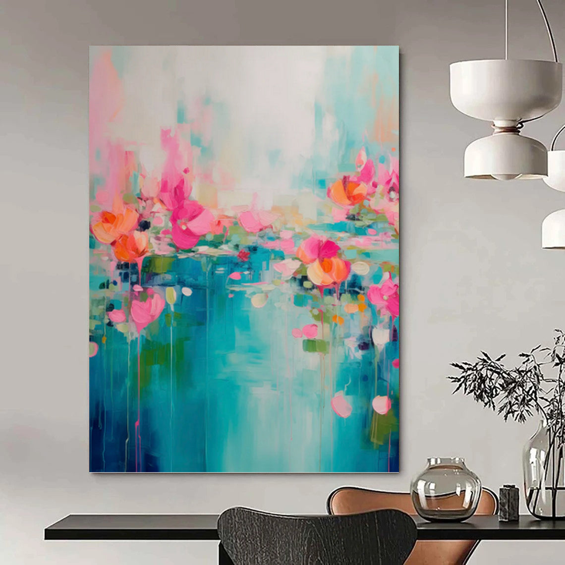 “Pink, Orange, and Blue Floral Abstract” - Impressionistic Flower Painting On Canvas PT0993