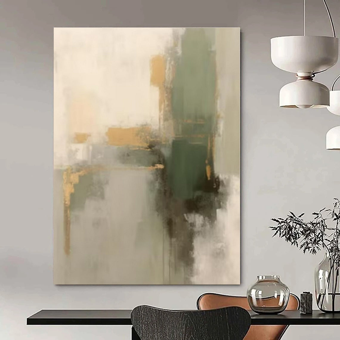 Gray, Gold, Green with Abstract Shapes "Gilded Greens Revisited" Abstract Painting On Canvas PS1292