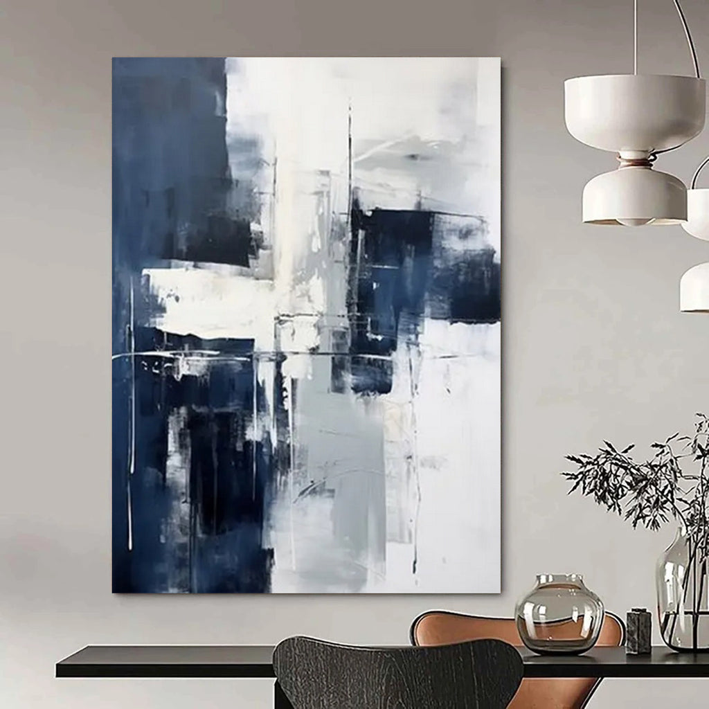 “Monochrome Grid” - Minimalist Blue & White Abstraction Painting On Canvas DS128