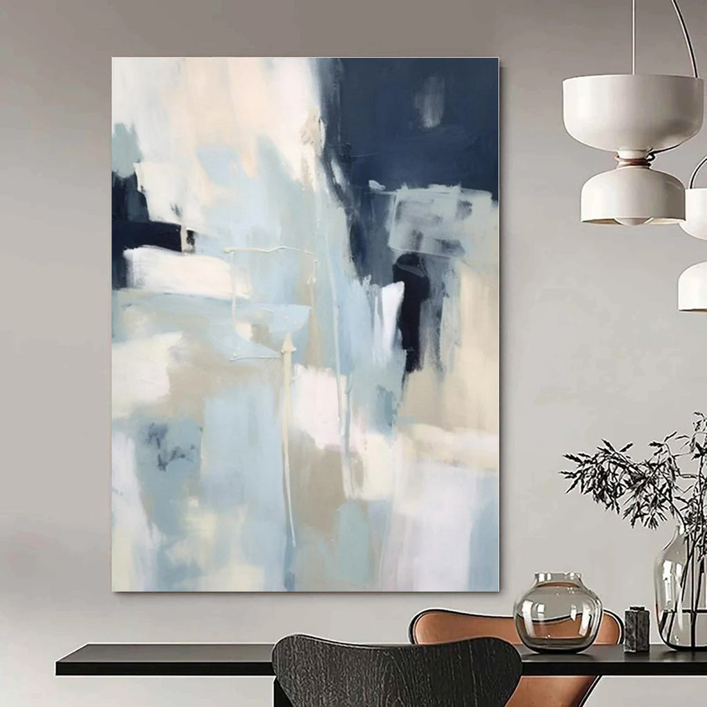 Light Blue, White, Dark Blue with Abstract Shapes "Blue Whisper" Abstract Painting On Canvas PS1334